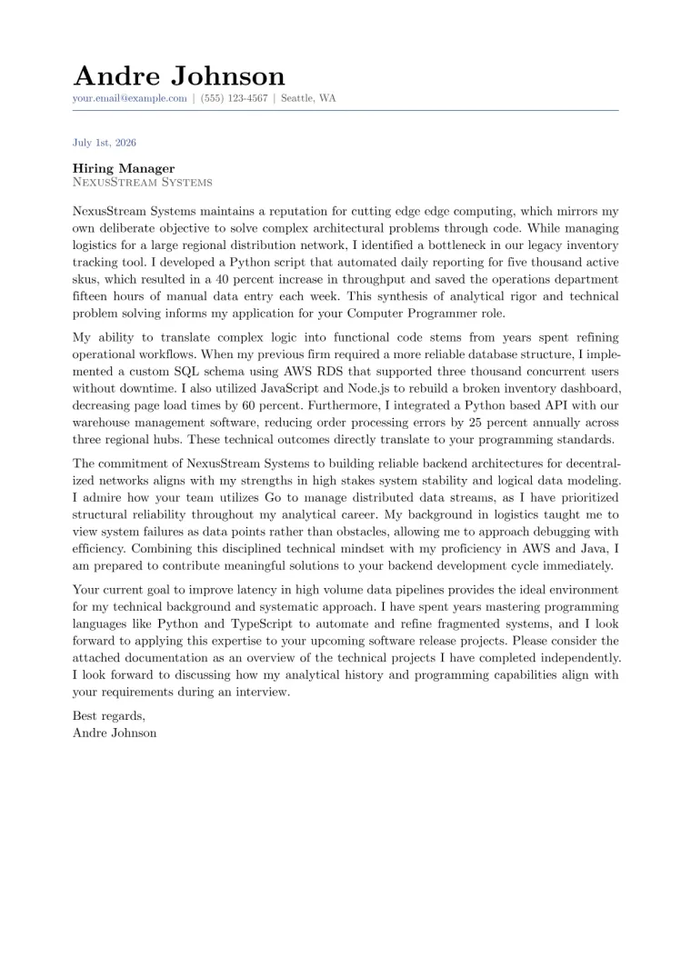 Computer Programmer cover letter for a career changer