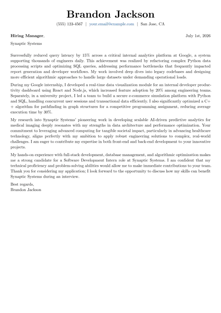 Computer Science Engineering Student cover letter example preview