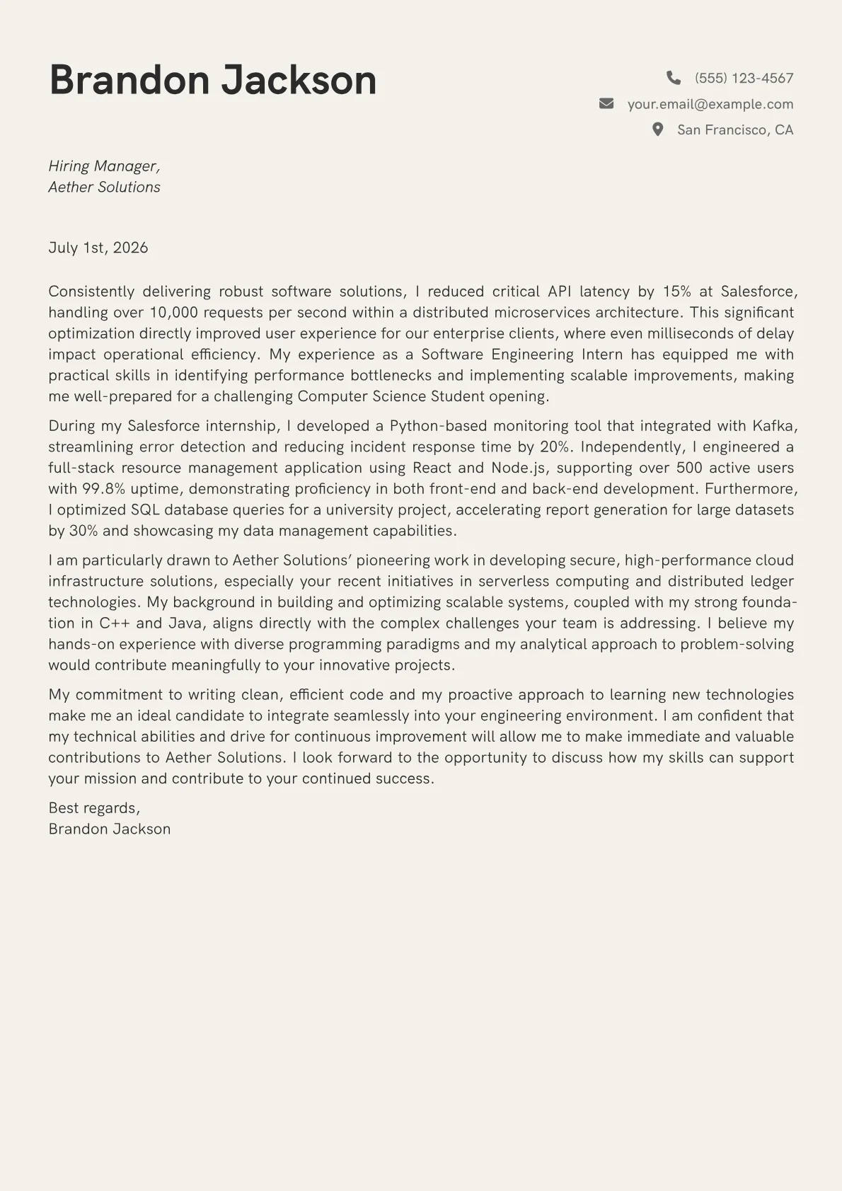 Computer Science Student cover letter formatted with a JobSprout template