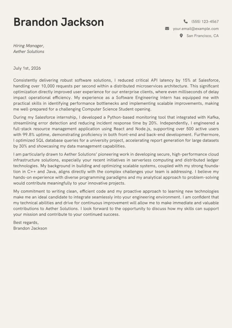Computer Science Student cover letter example preview