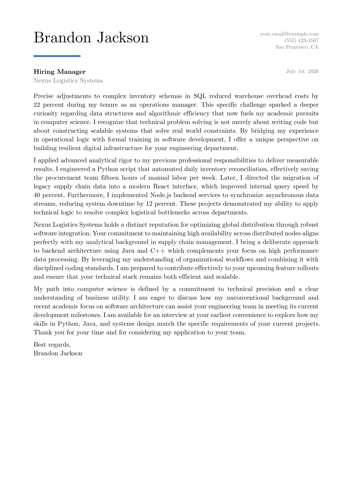 Computer Science Student cover letter in the Executive design