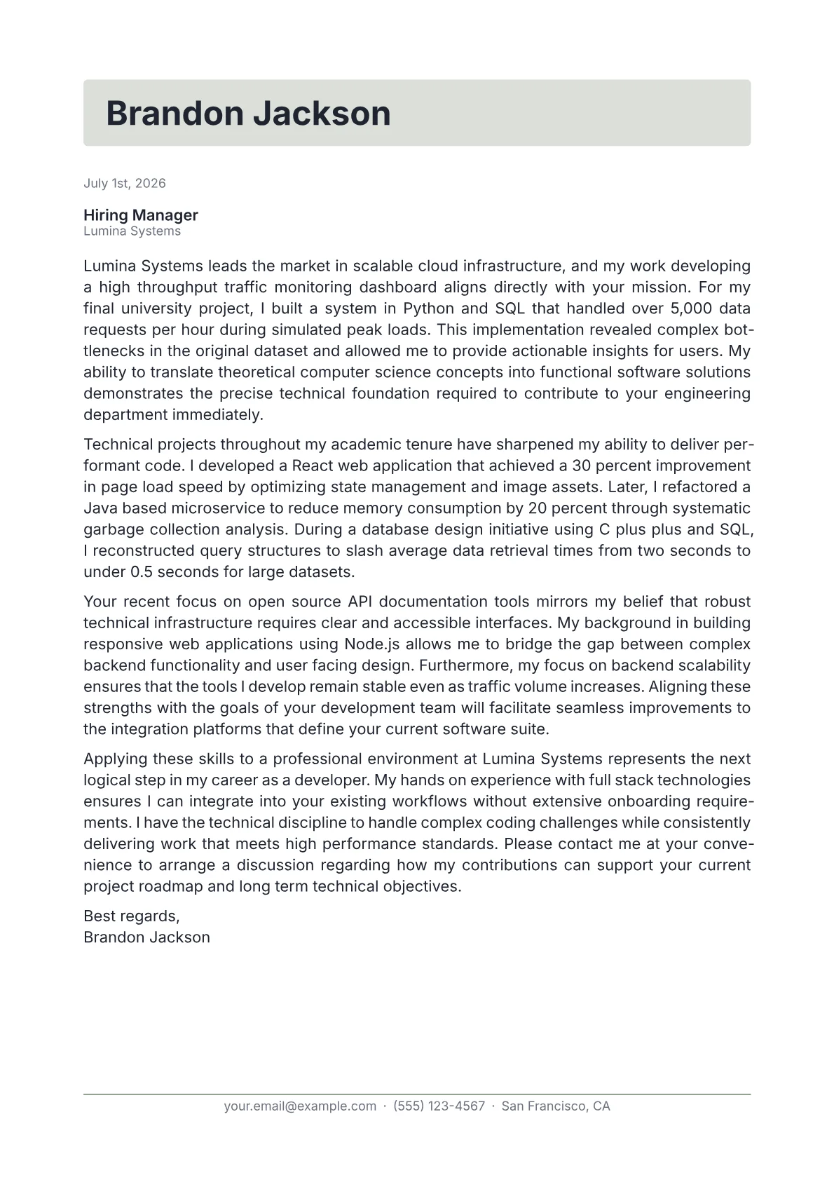 Computer Science Student cover letter in the Letterhead design