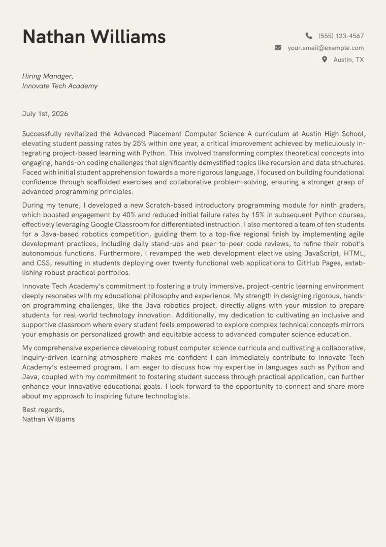 Computer Science Teacher cover letter example preview