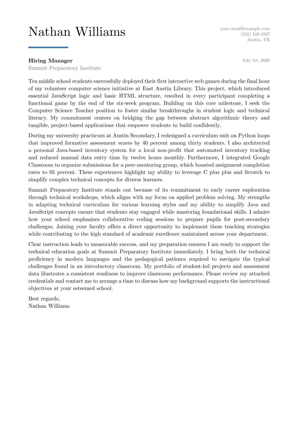 Computer Science Teacher cover letter in the Executive design