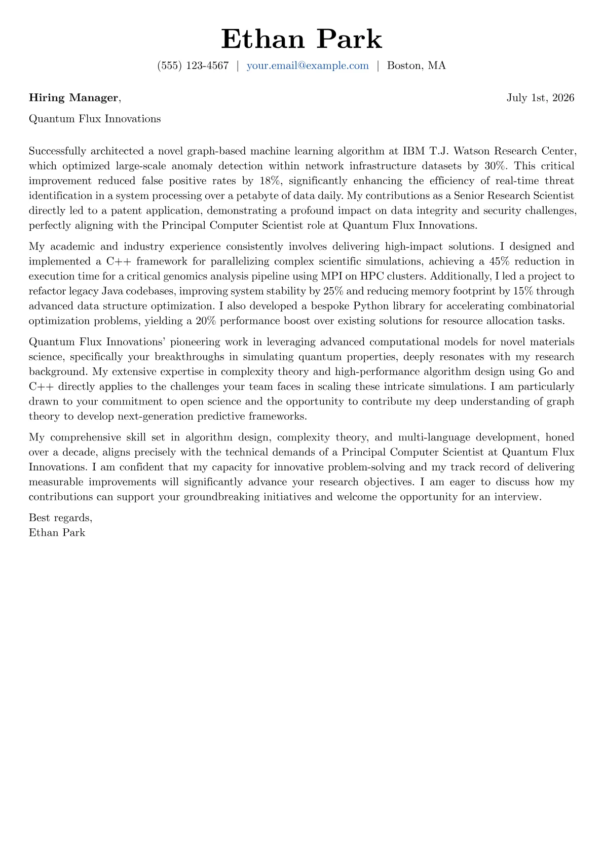 Computer Scientist cover letter formatted with a JobSprout template