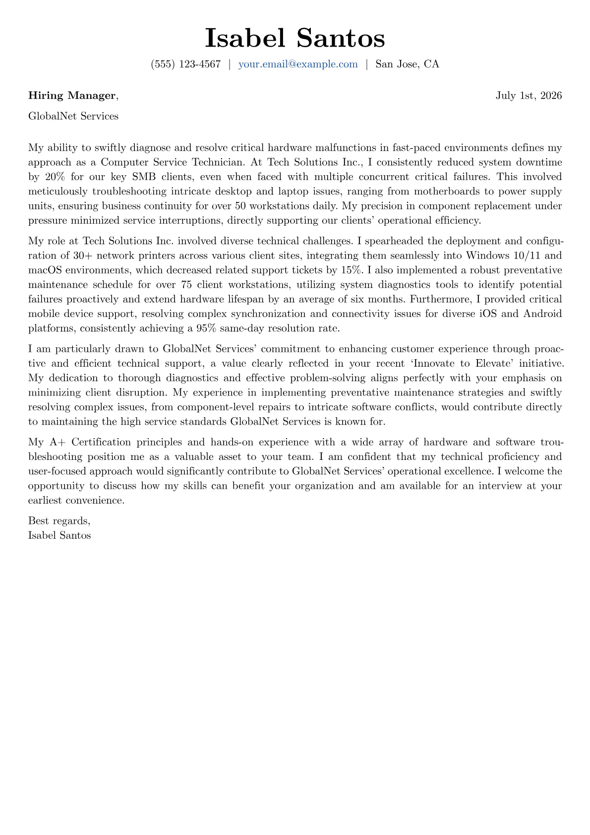 Computer Service Technician cover letter formatted with a JobSprout template