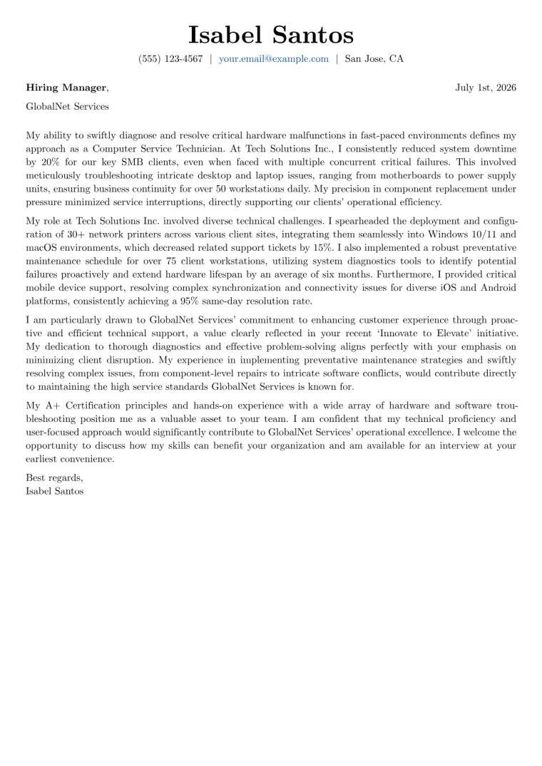 Computer Service Technician cover letter example preview