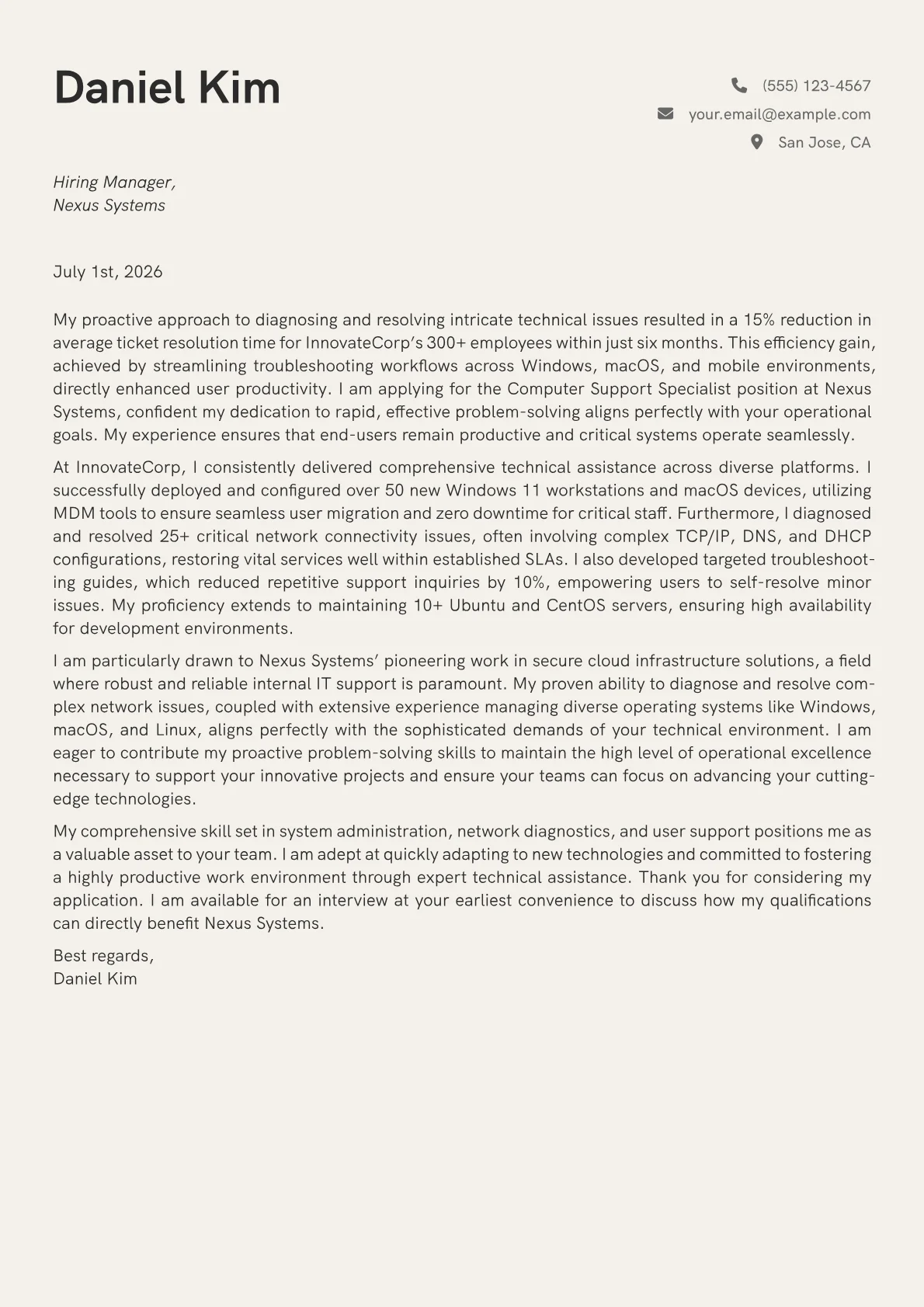 Computer Support Specialist cover letter formatted with a JobSprout template