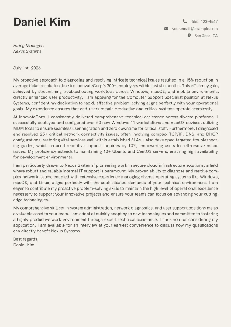 Computer Support Specialist cover letter example preview