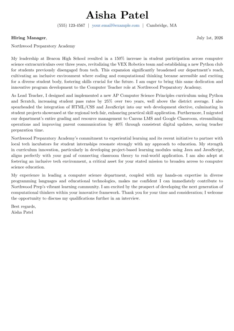 Computer Teacher Cover Letter Example