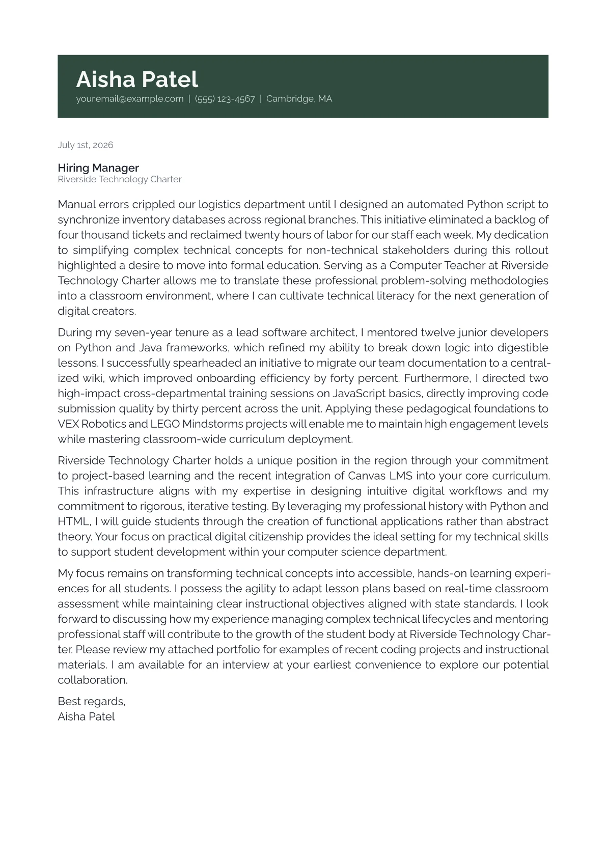 Computer Teacher cover letter in the Banner design