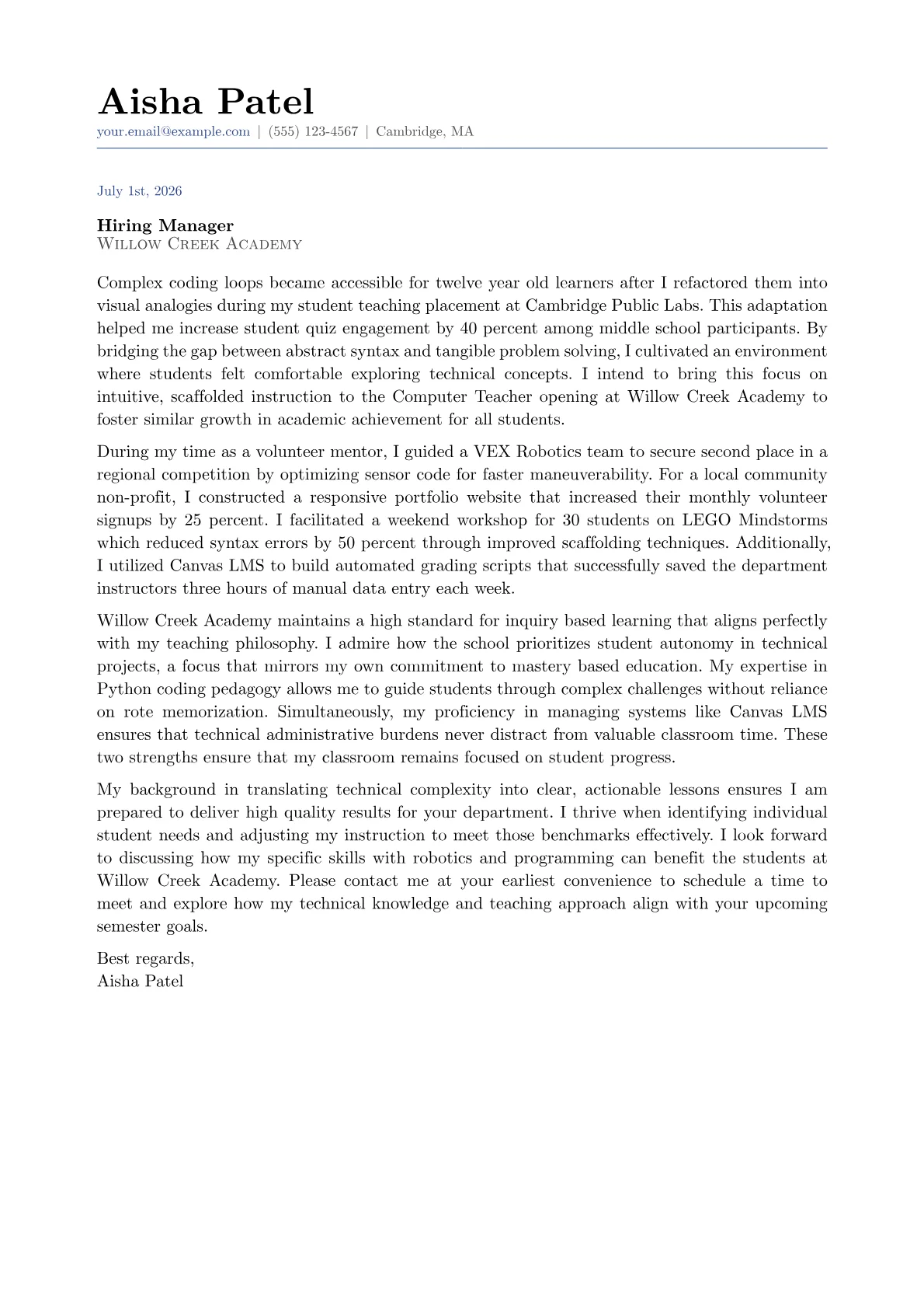 Computer Teacher cover letter in the Classic design