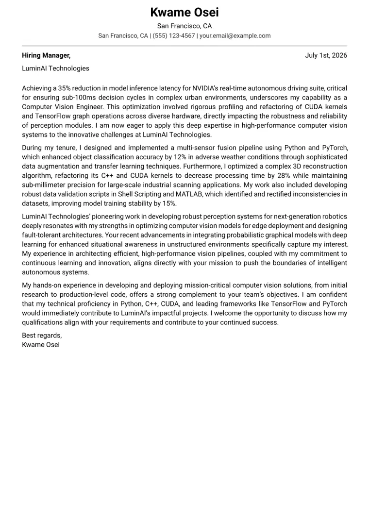 Computer Vision Engineer cover letter example