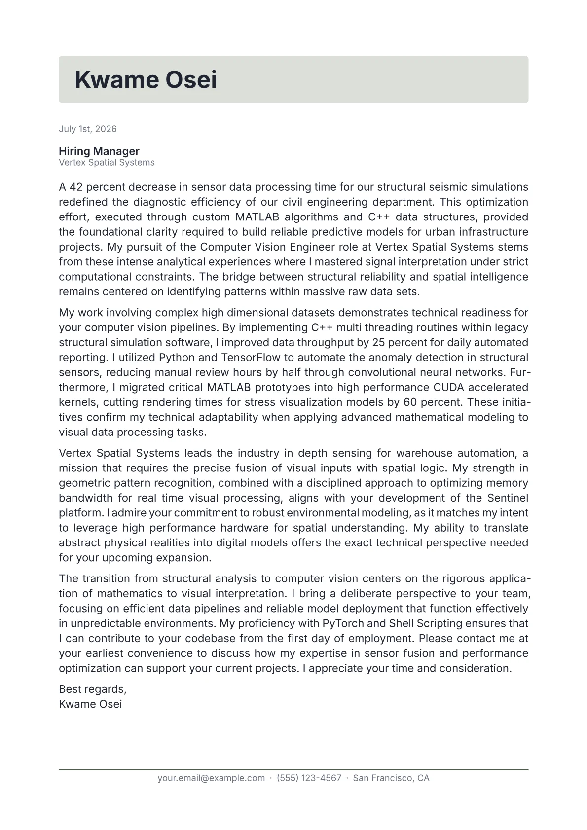 Computer Vision Engineer cover letter in the Letterhead design