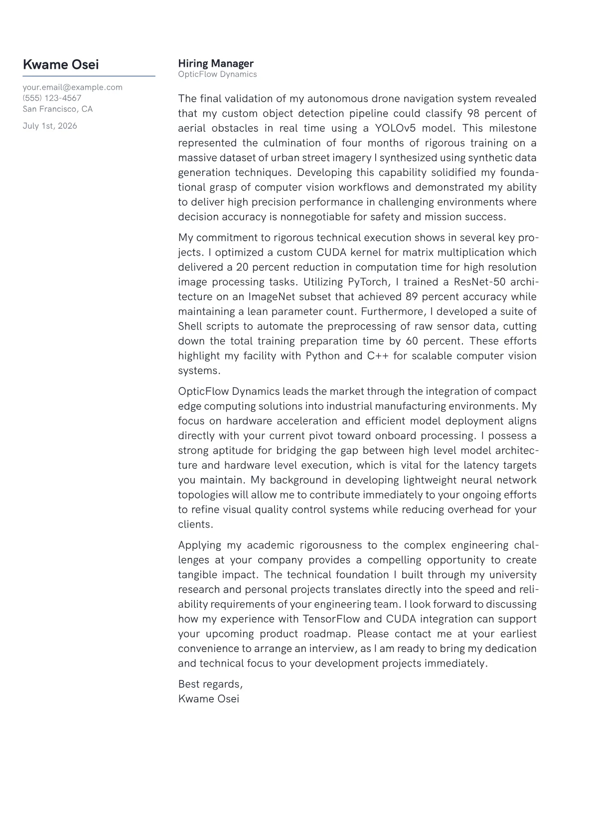 Computer Vision Engineer cover letter in the Margin design