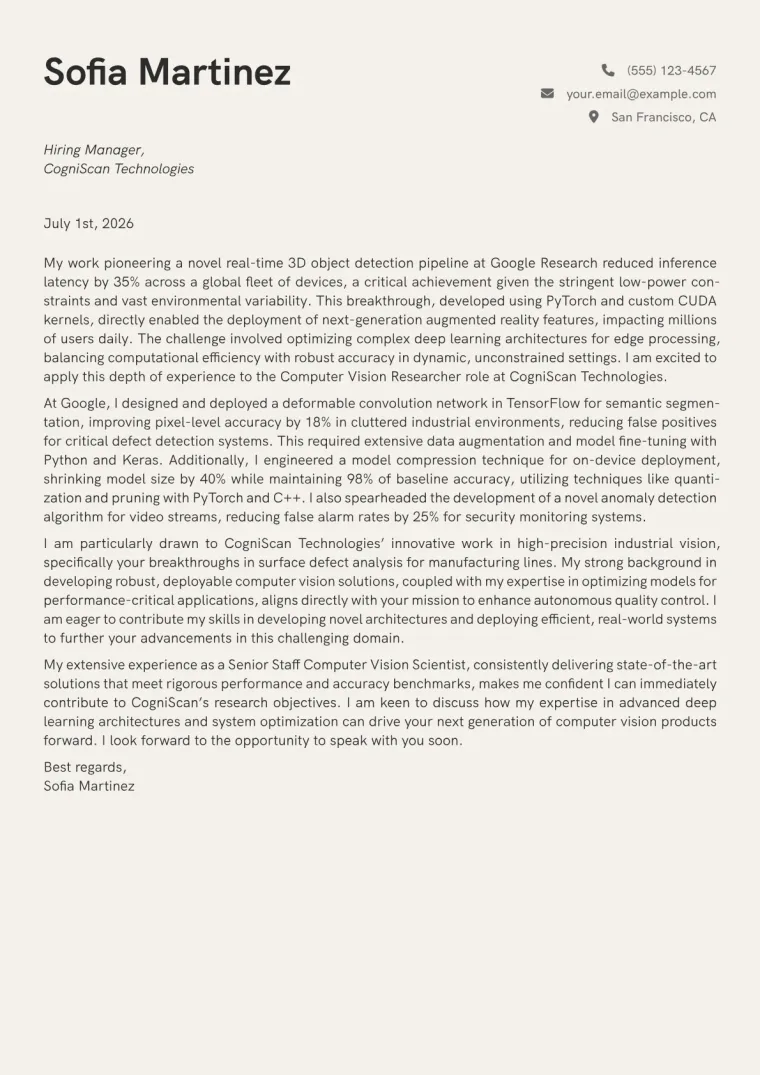 Computer Vision Researcher Cover Letter Example