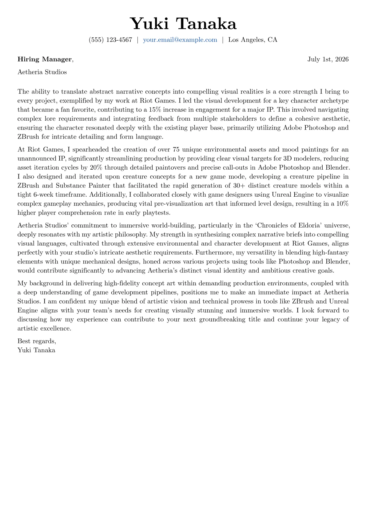 Concept Artist cover letter formatted with a JobSprout template