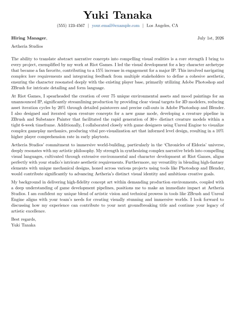 Concept Artist Cover Letter Example