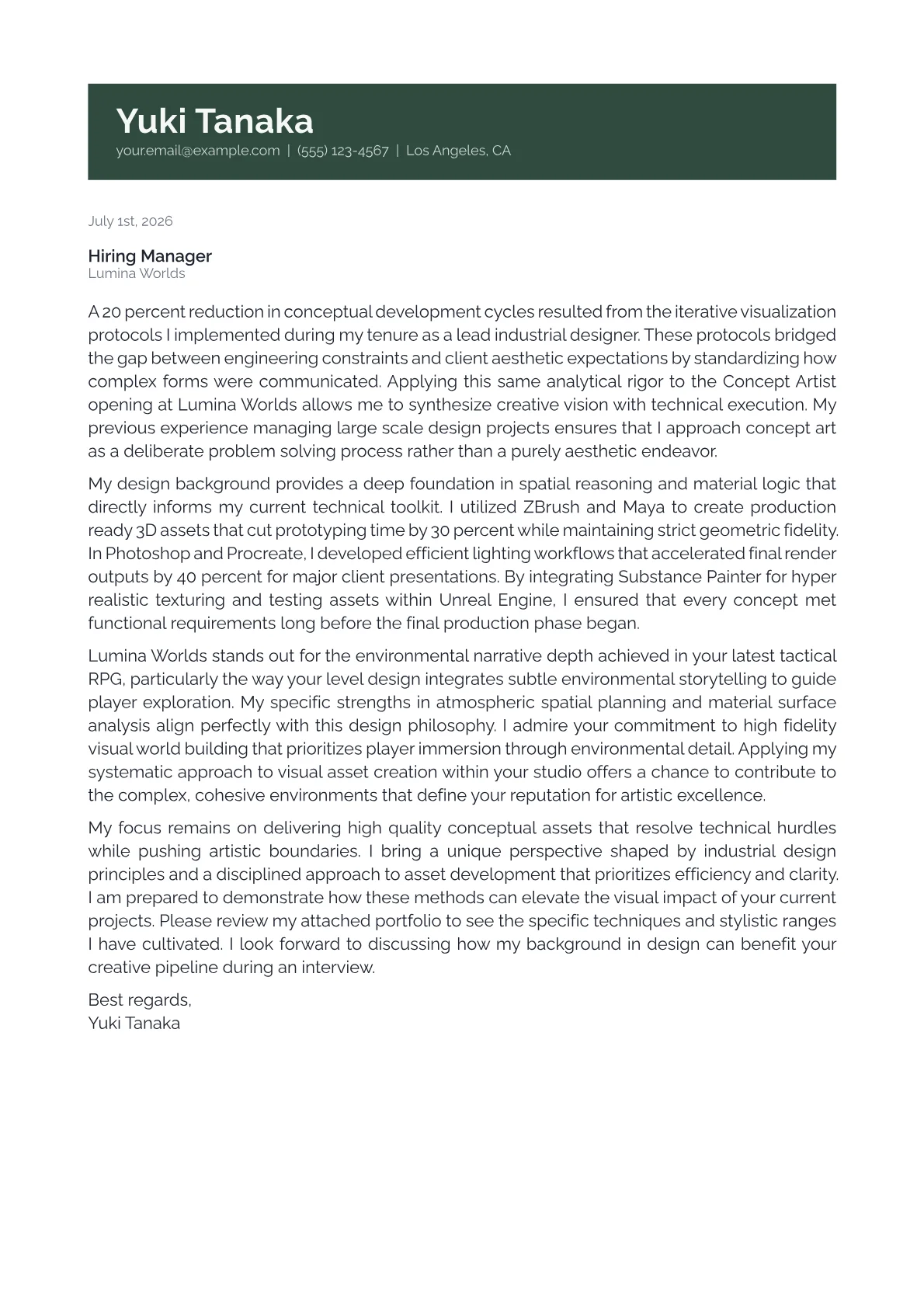 Concept Artist cover letter in the Banner design