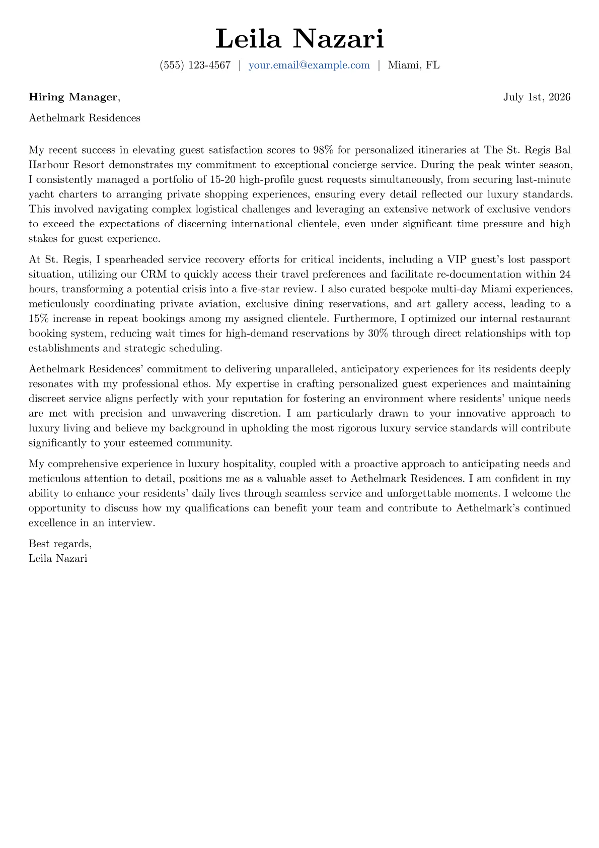 Concierge cover letter formatted with a JobSprout template