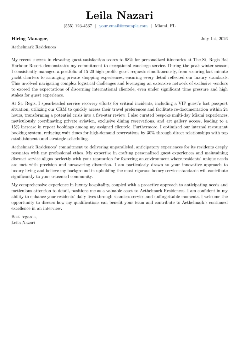 Concierge Cover Letter Example