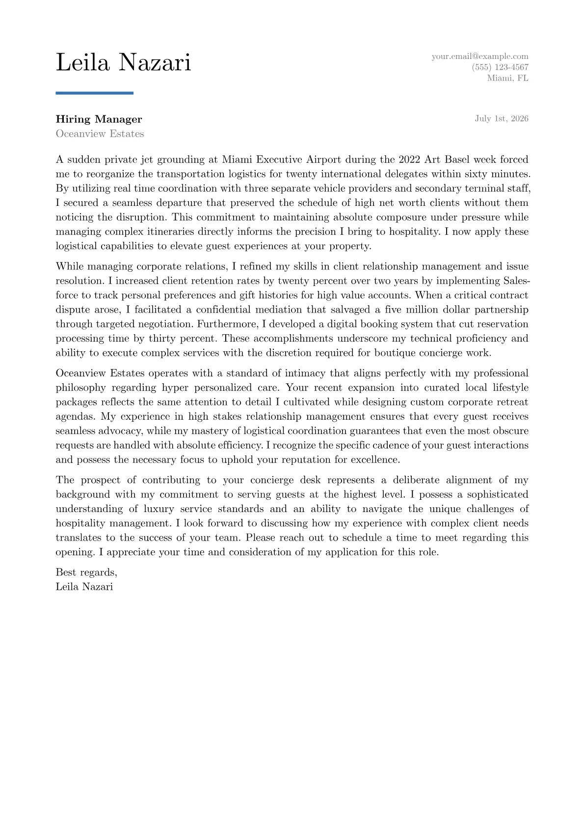 Concierge cover letter in the Executive design