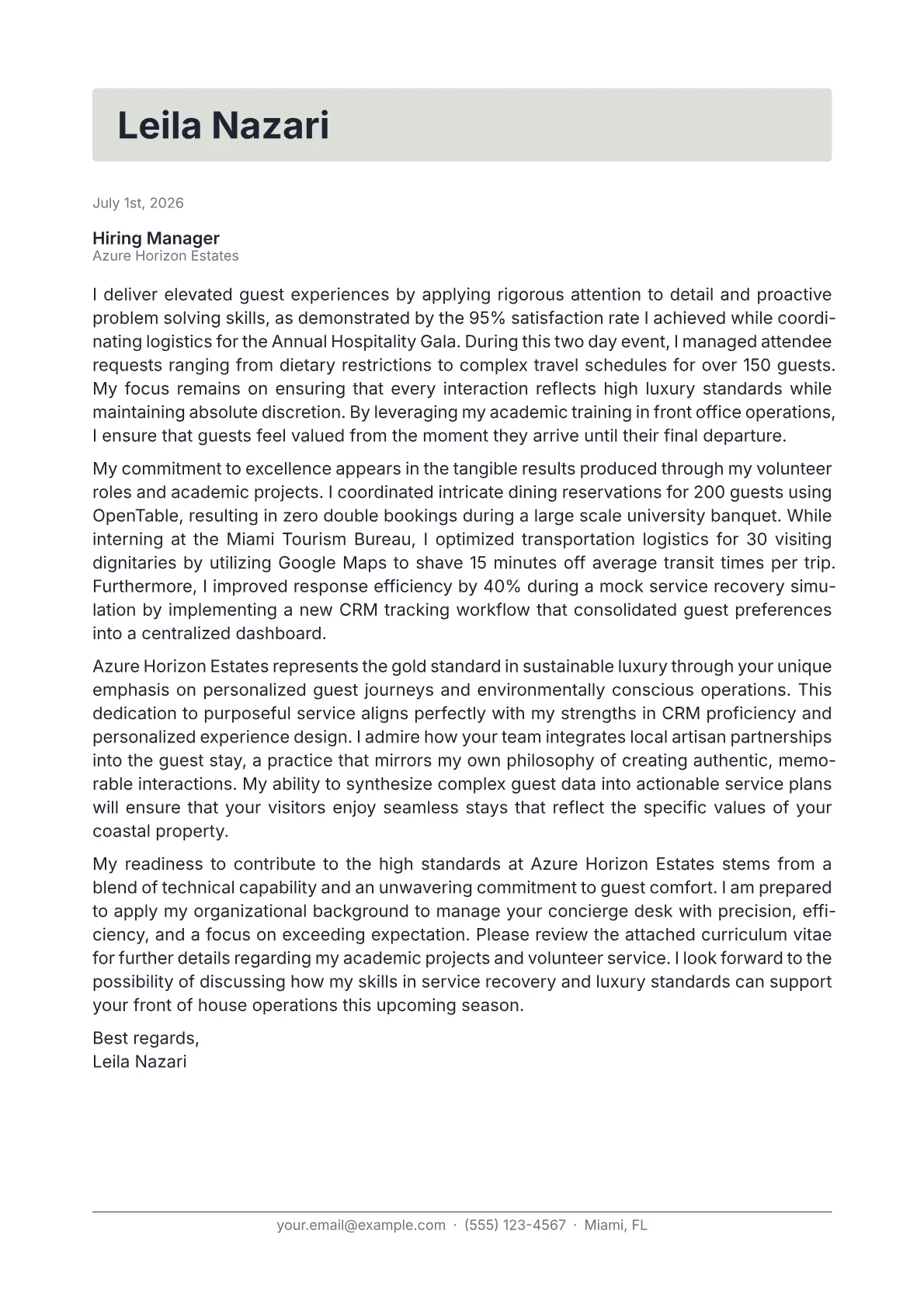 Concierge cover letter in the Letterhead design