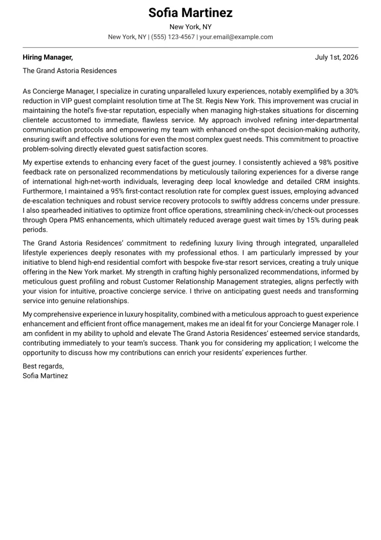 Concierge Manager cover letter example preview