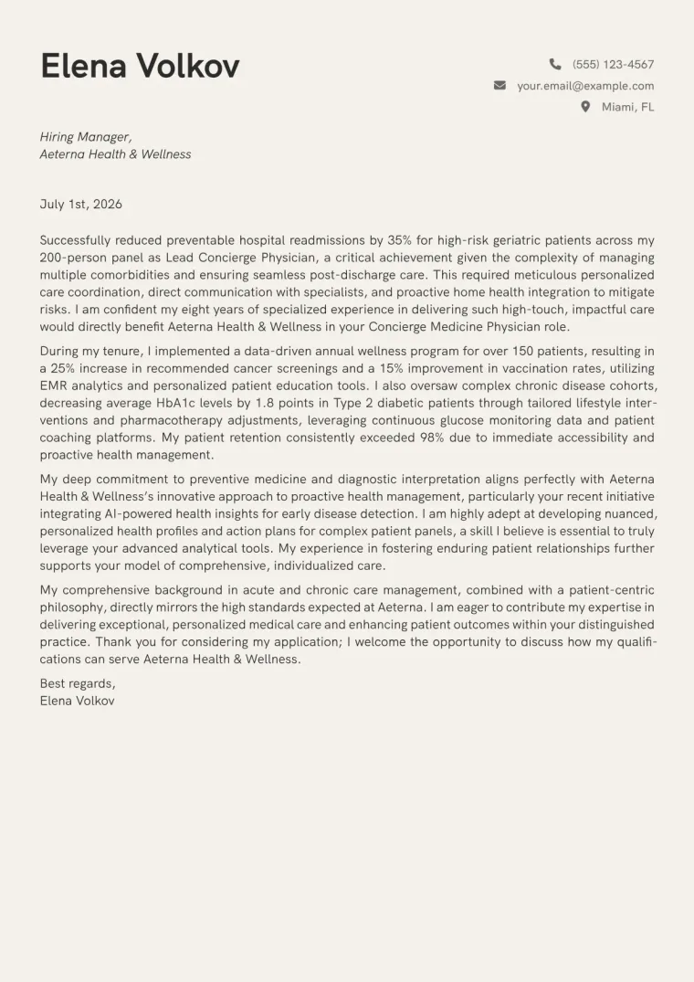 Concierge Medicine Physician cover letter example preview