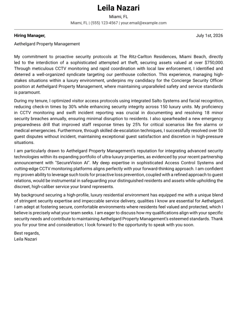 Concierge Security Officer cover letter example preview
