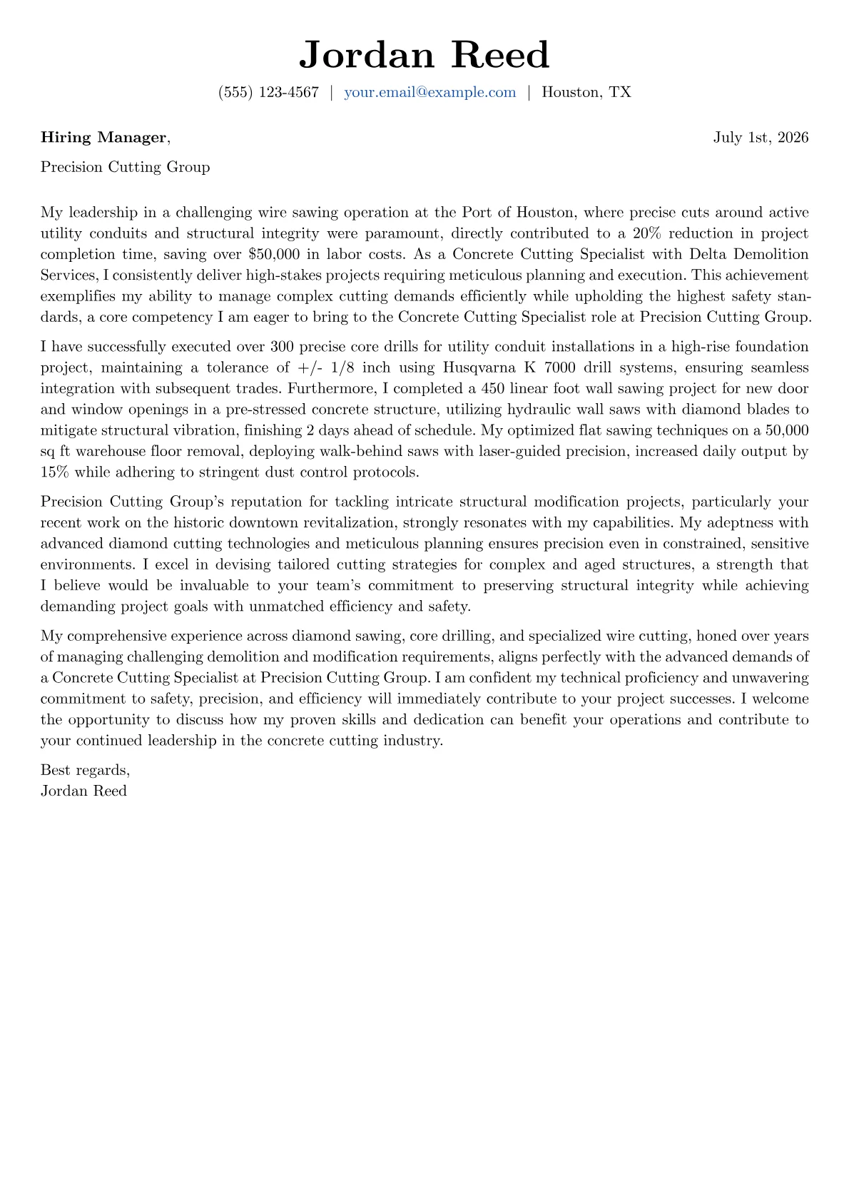 Concrete Cutting Specialist cover letter formatted with a JobSprout template