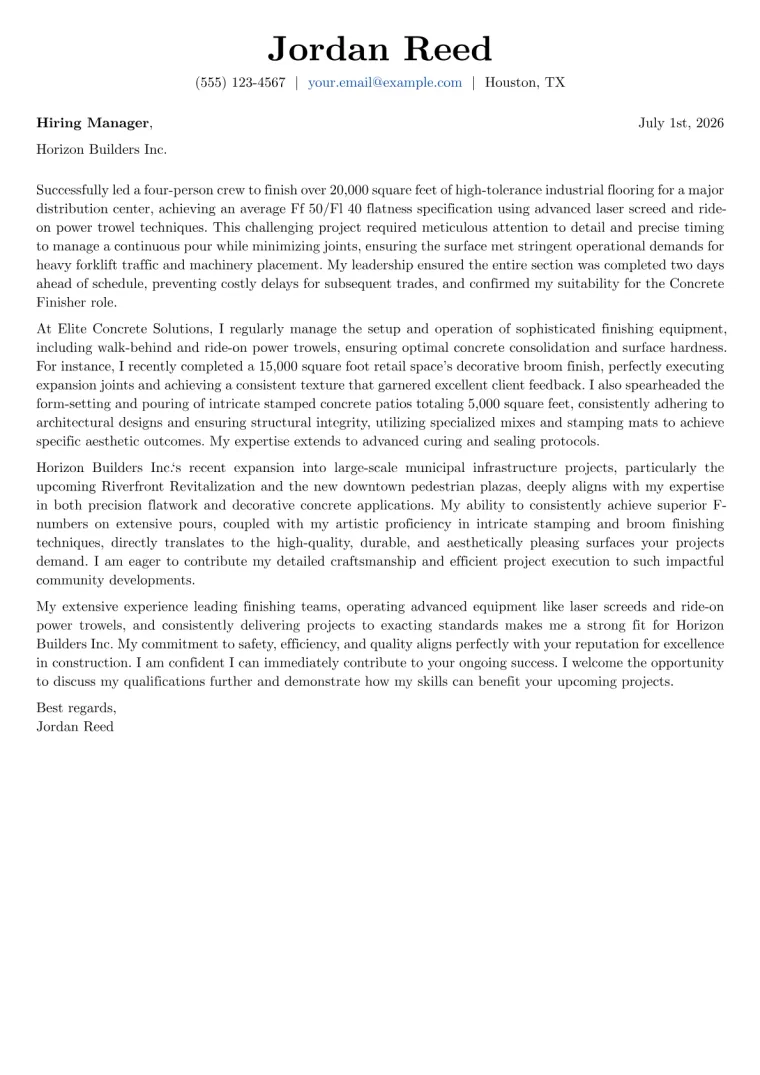 Concrete Finisher cover letter example