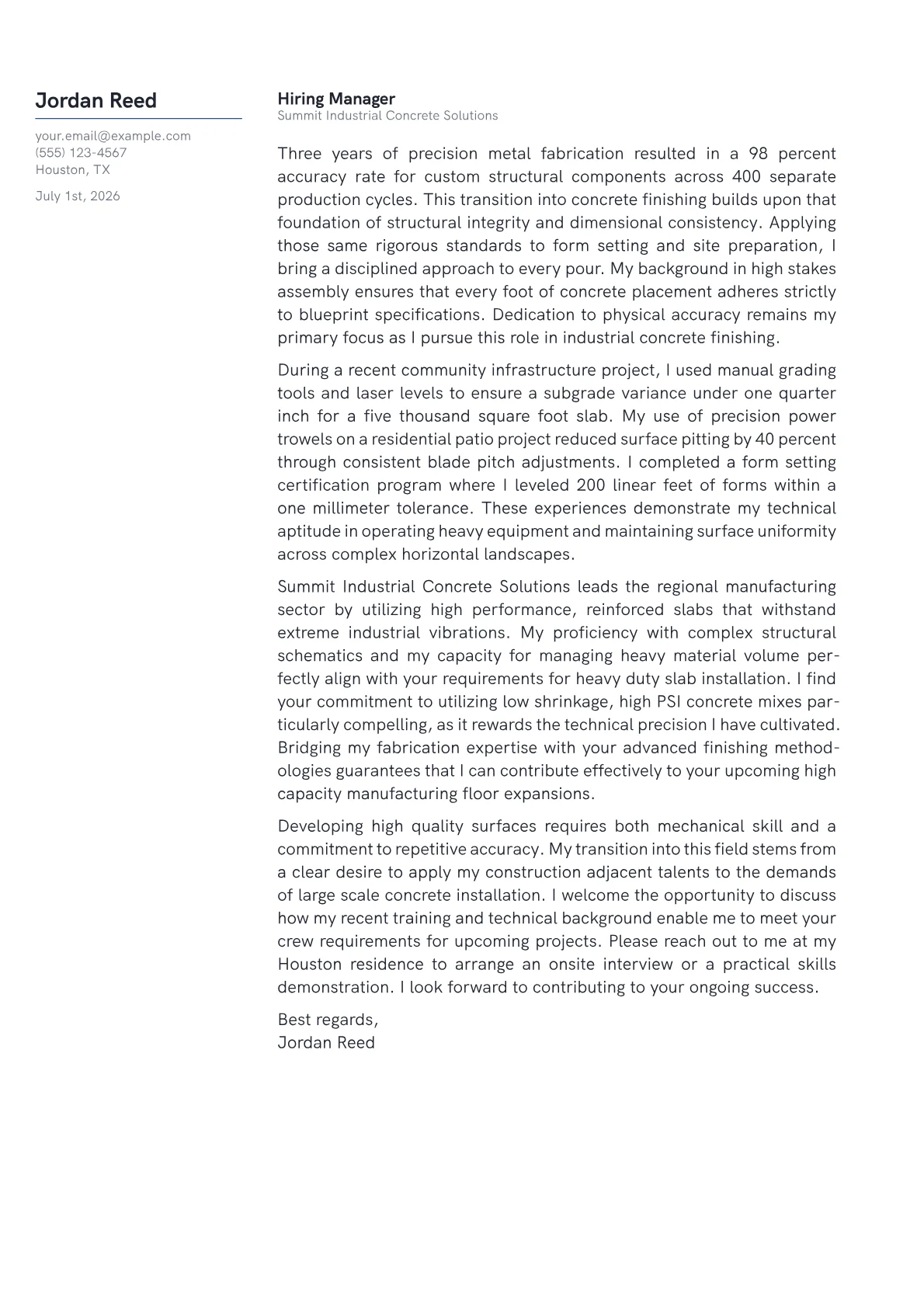 Concrete Finisher cover letter in the Margin design