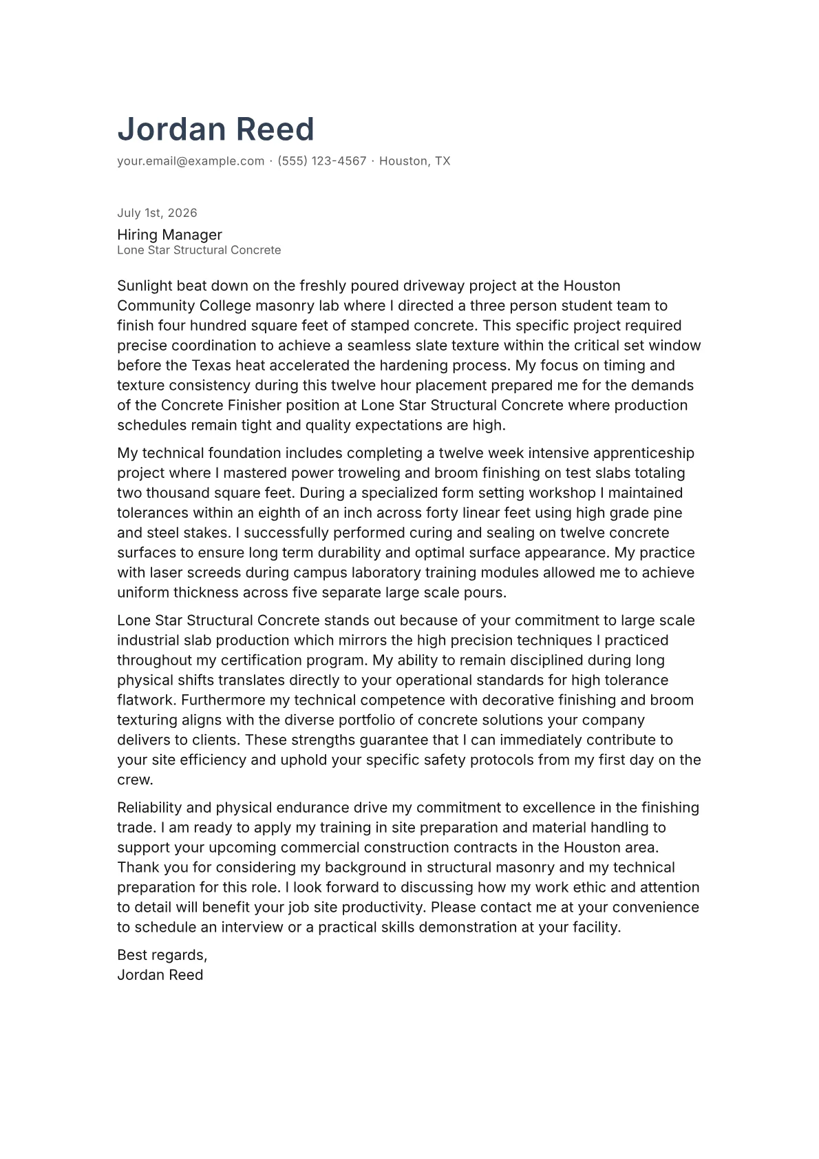 Concrete Finisher cover letter in the Minimal design