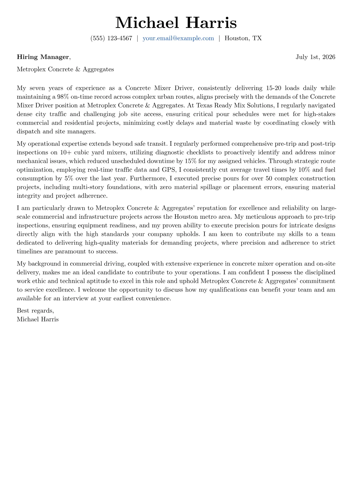 Concrete Mixer Driver cover letter formatted with a JobSprout template