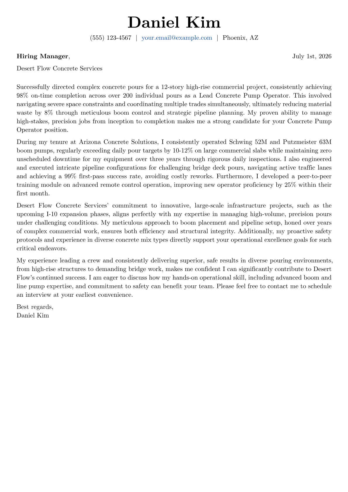 Concrete Pump Operator cover letter formatted with a JobSprout template
