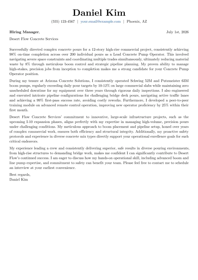 Concrete Pump Operator cover letter example preview
