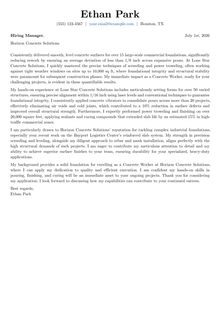 Concrete Worker cover letter example preview