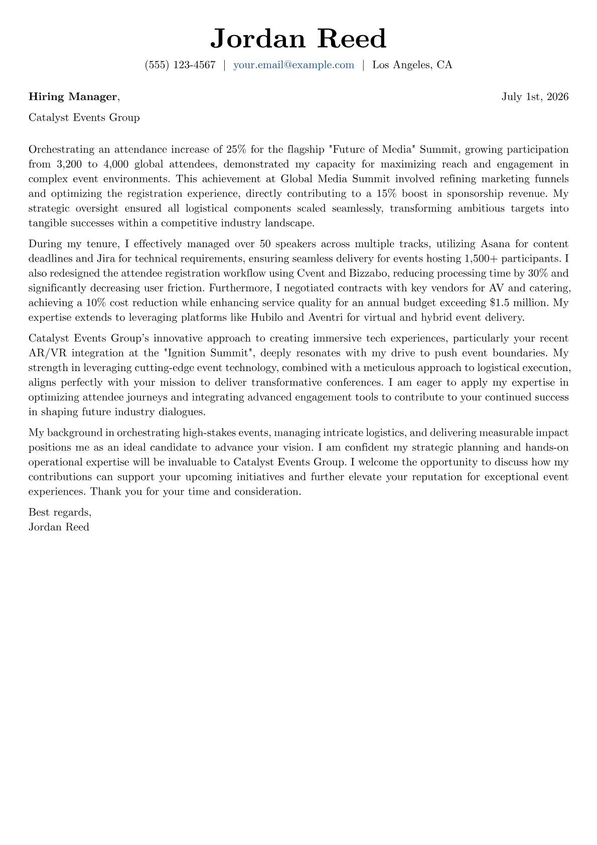 Conference Organizer cover letter formatted with a JobSprout template