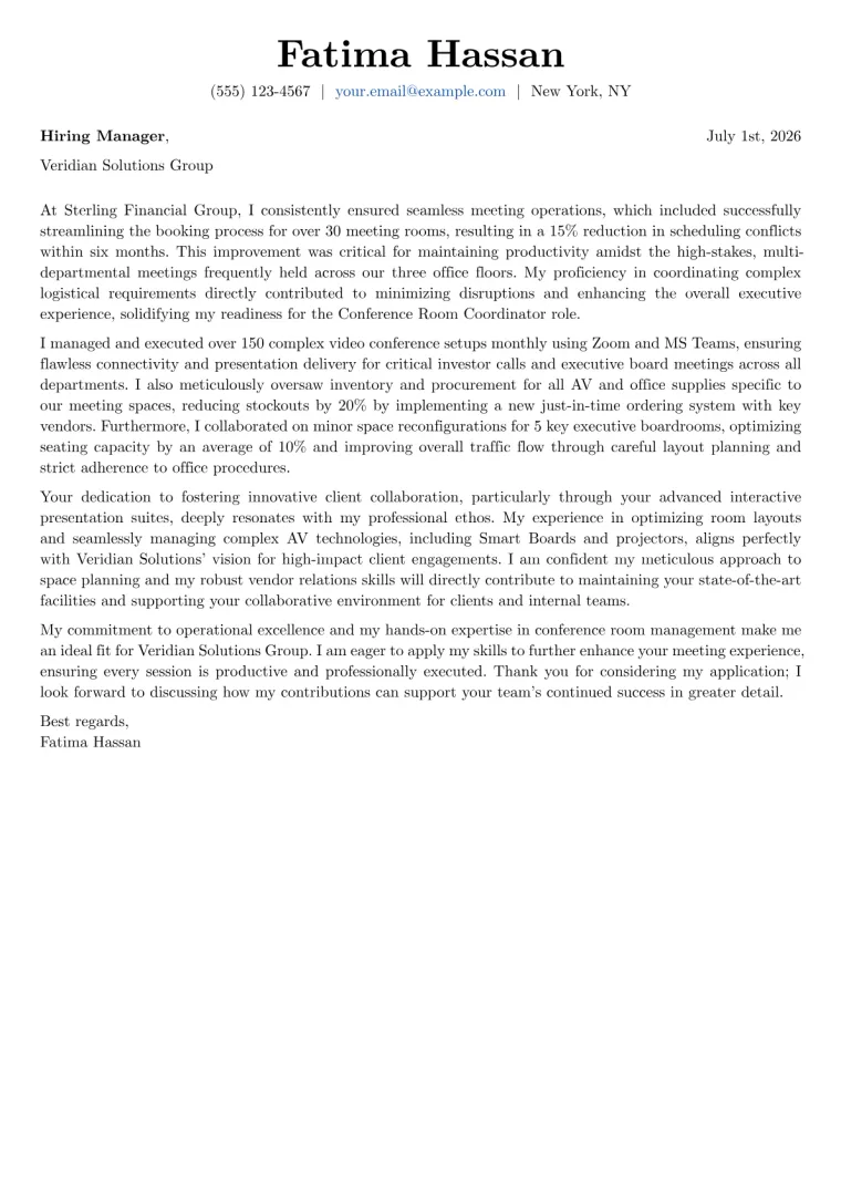 Conference Room Coordinator Cover Letter Example