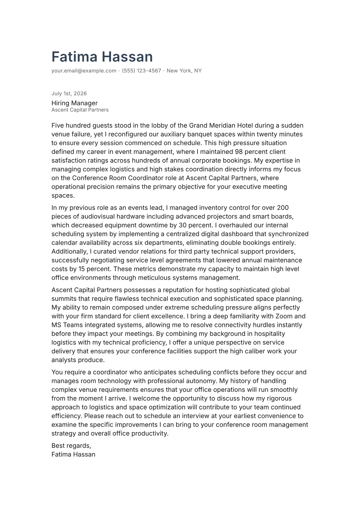 Conference Room Coordinator cover letter in the Minimal design