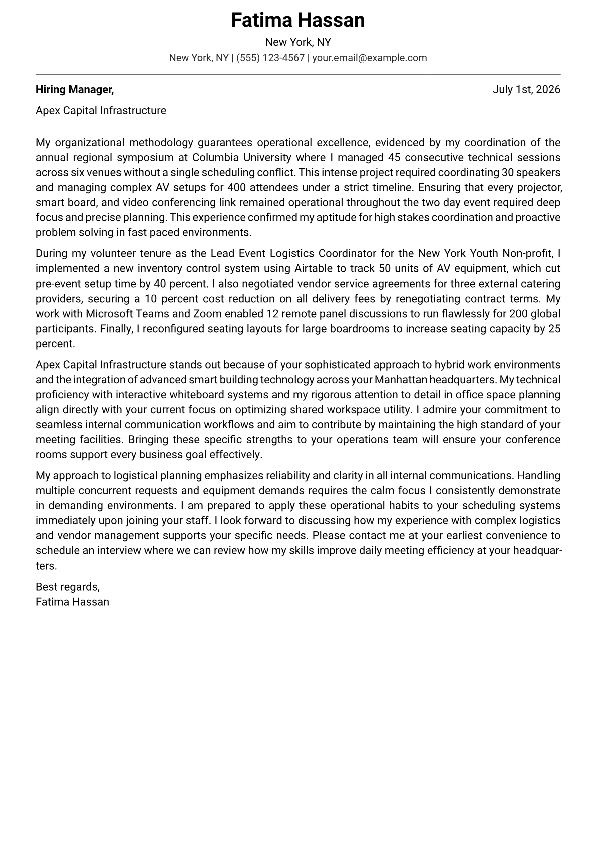 Conference Room Coordinator cover letter in the Modern design