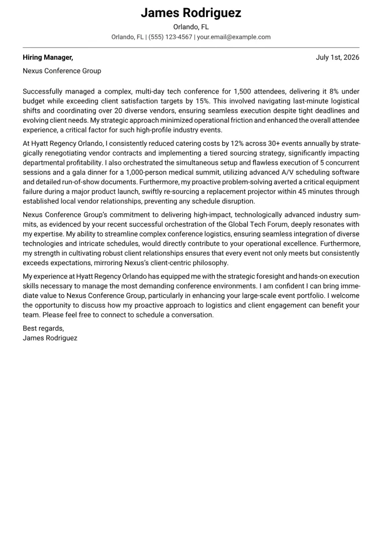 Conference Services Manager cover letter example preview