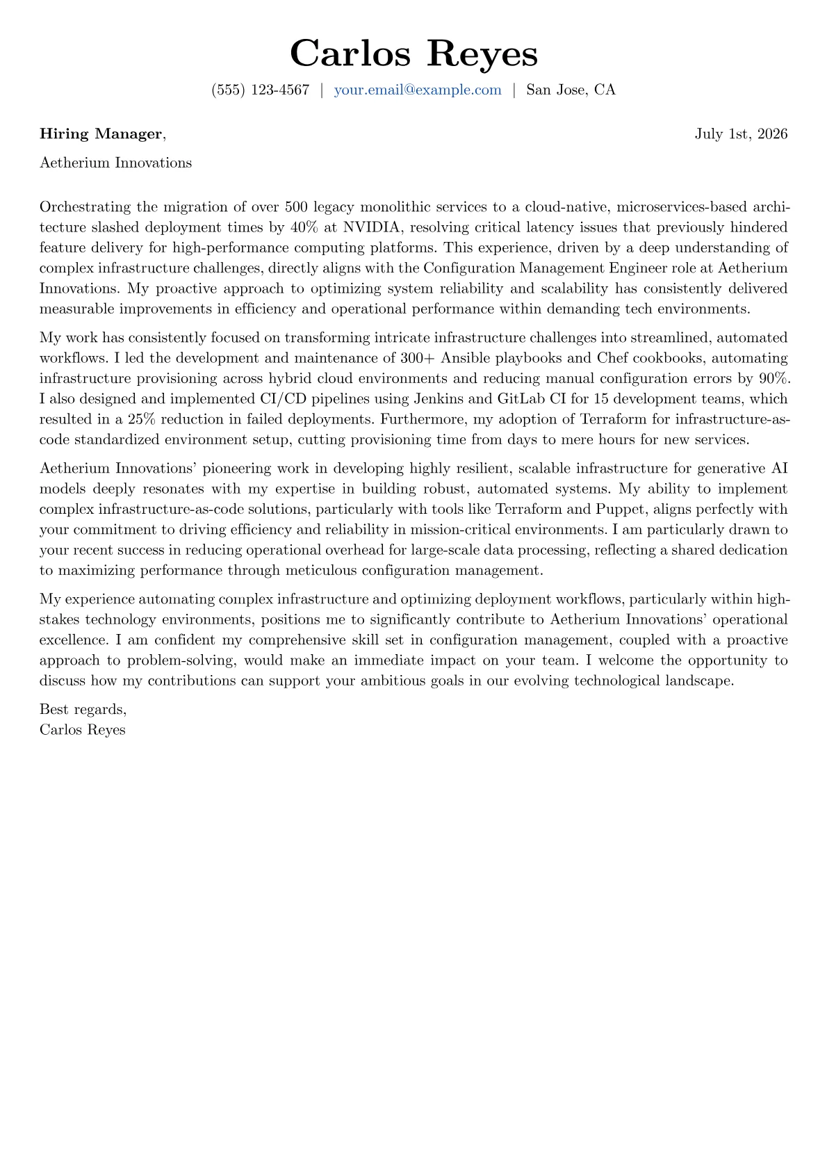 Configuration Management Engineer cover letter formatted with a JobSprout template