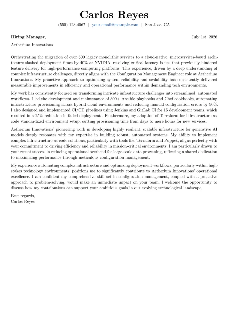 Configuration Management Engineer cover letter example preview