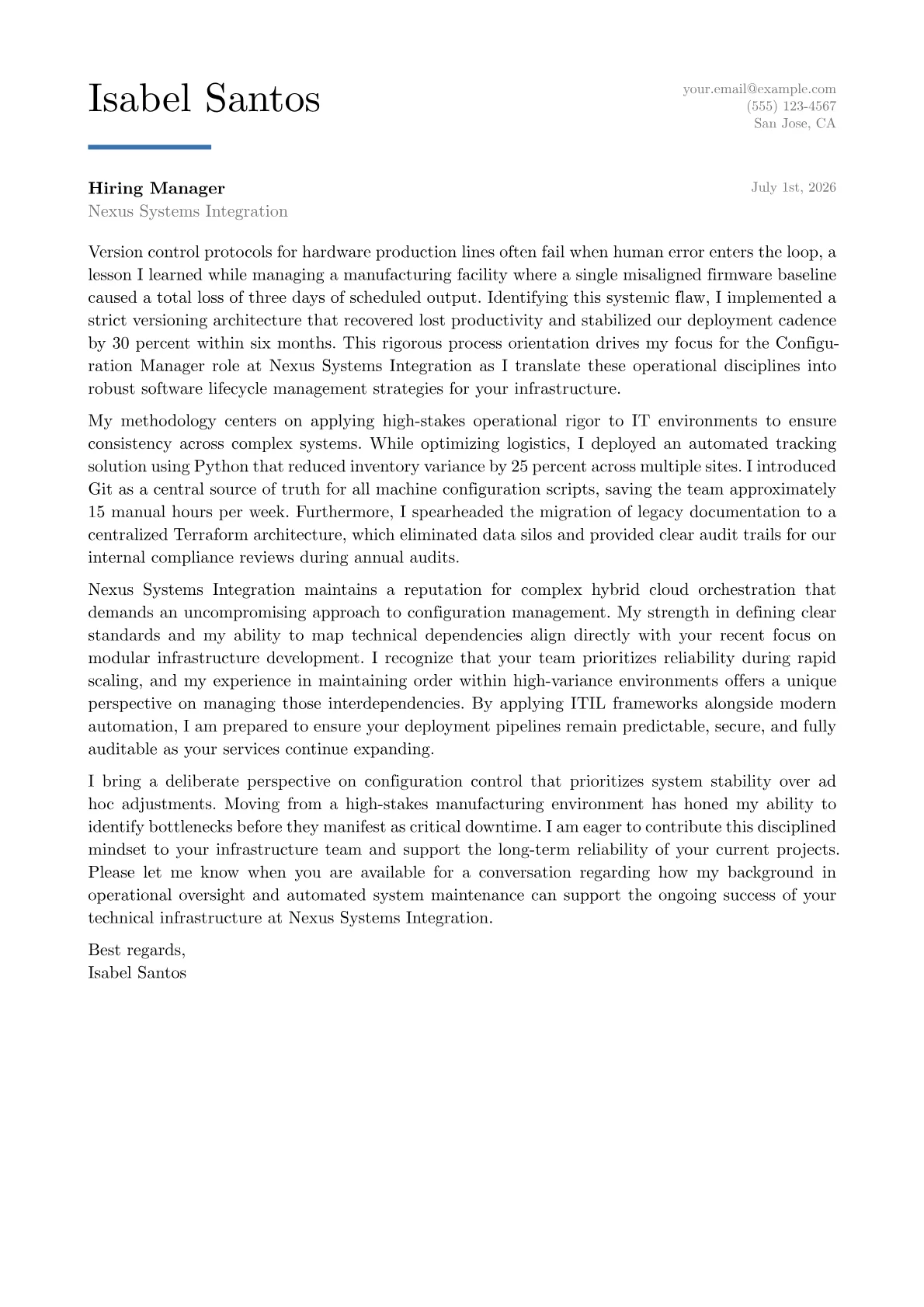 Configuration Manager cover letter in the Executive design