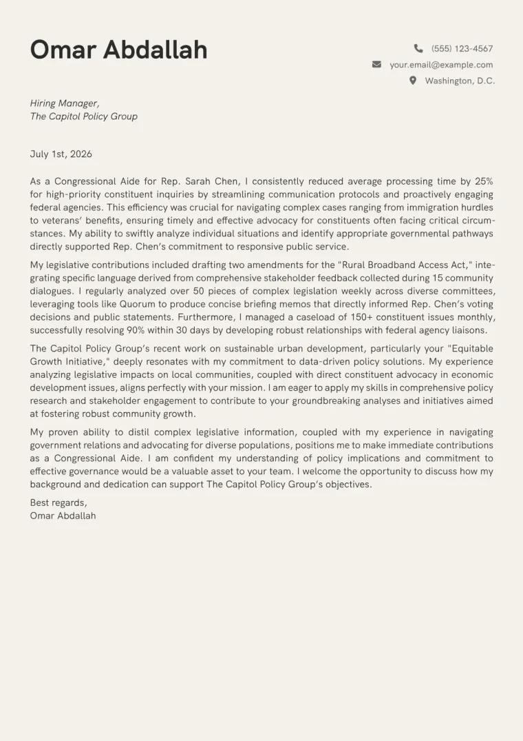 Congressional Aide cover letter example