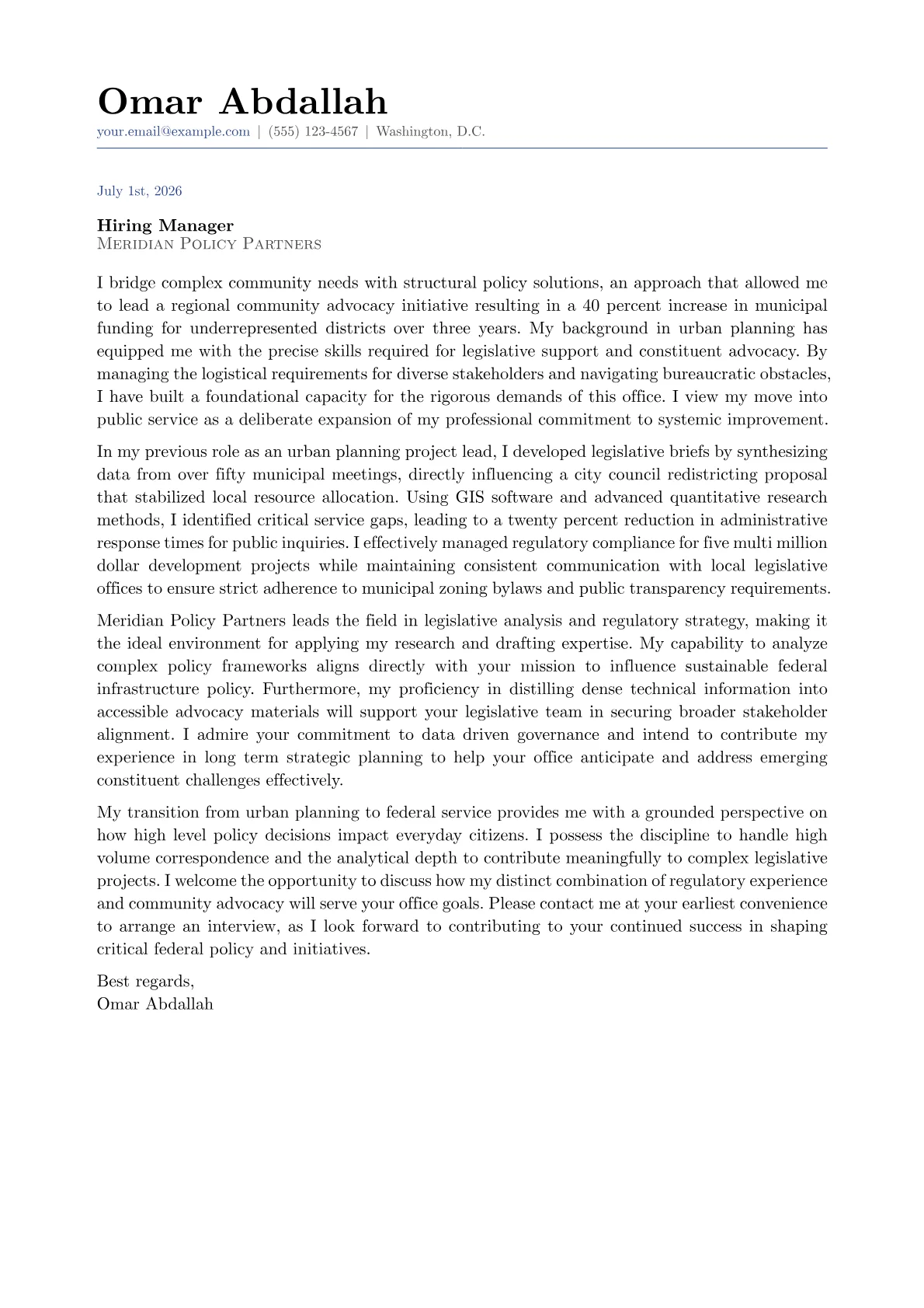 Congressional Aide cover letter in the Classic design