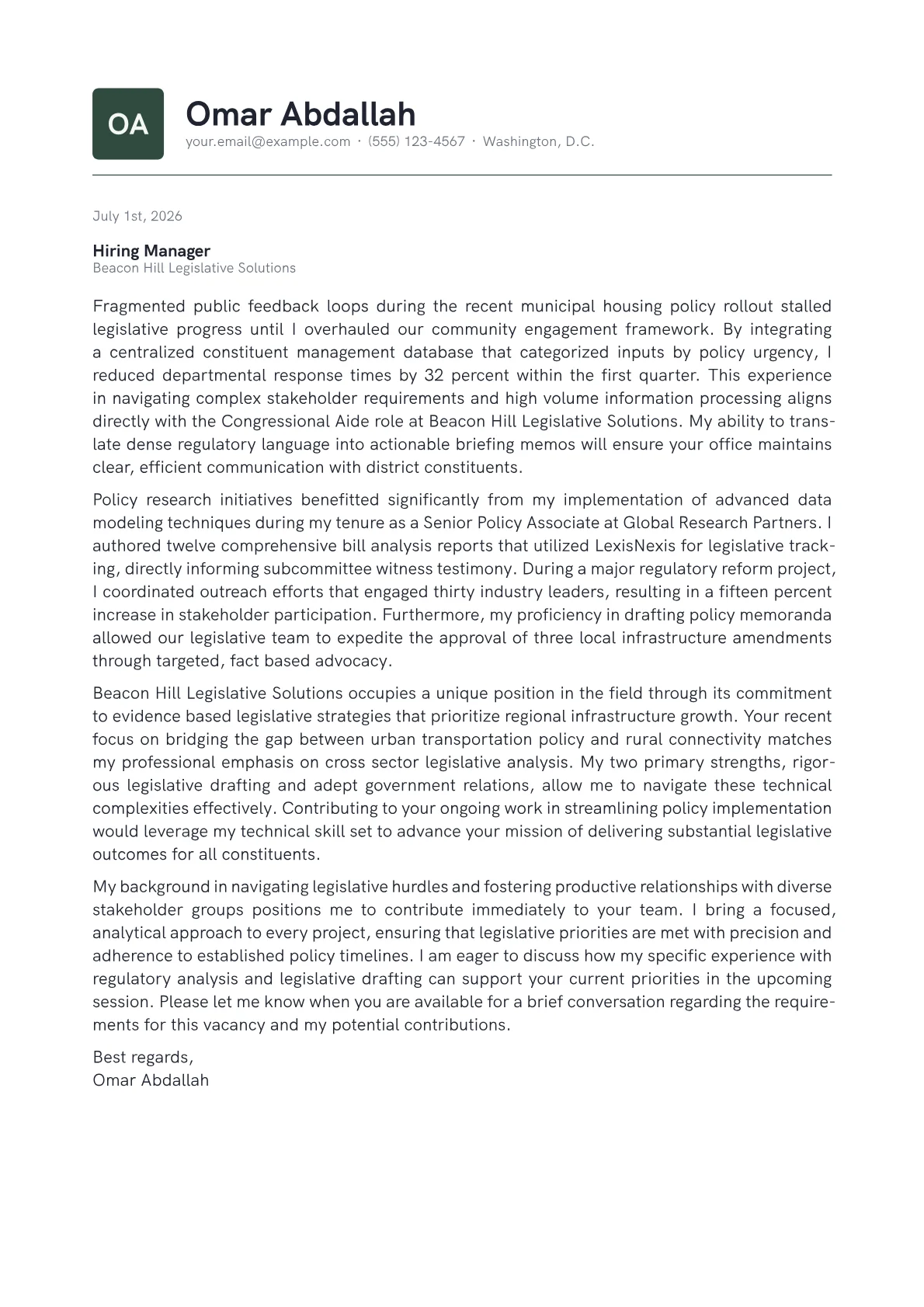 Congressional Aide cover letter in the Emblem design