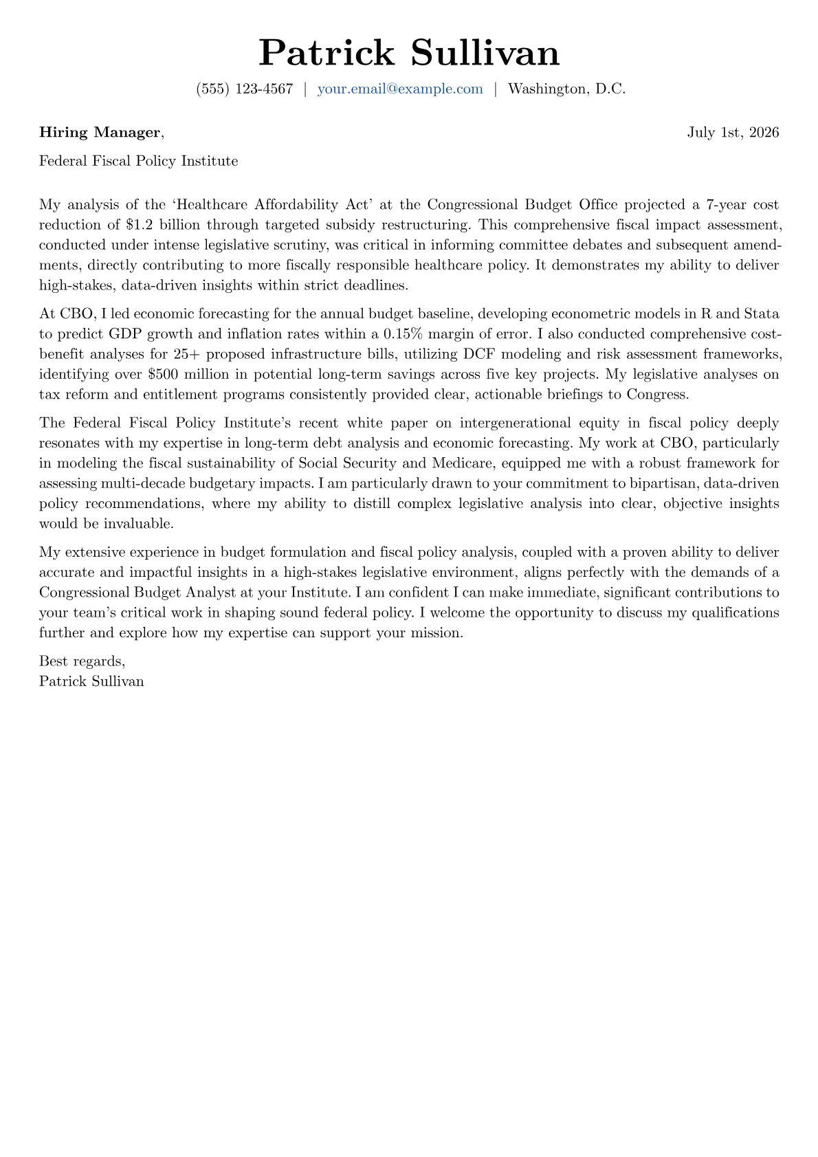 Congressional Budget Analyst cover letter formatted with a JobSprout template